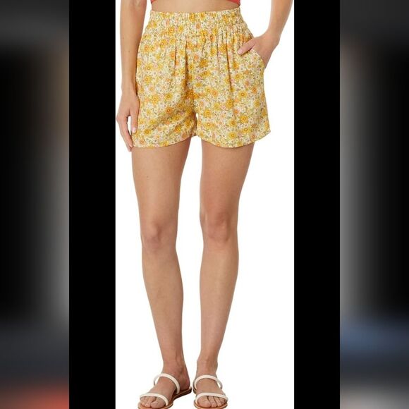 Billabong Love To Lounge Elastic Waist Shorts Yellow Floral Print Size S Small - Picture 1 of 8